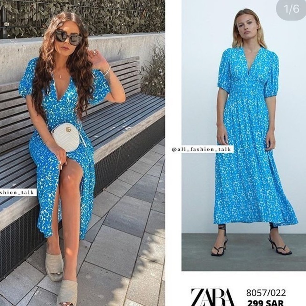 Zara Blue Floral Print Maxi Dress Short Puff Sleeve Front Slit 8057/022 Small